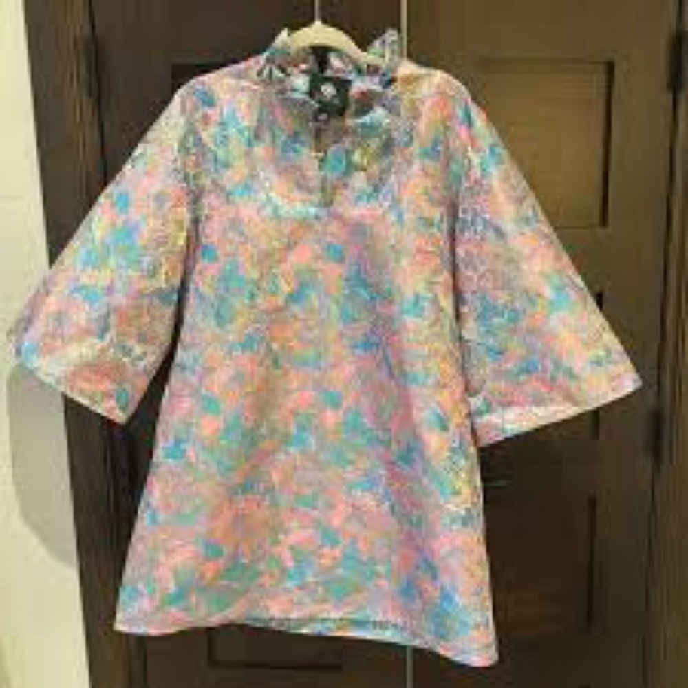 Brianna Cannon Caftan Dress in Pink & Blue Brocade- Butterfly Dreams sz S/M - Picture 2 of 8